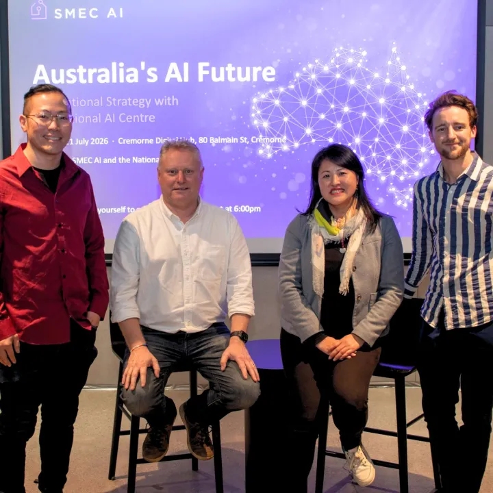 Andrew Lai, Lee Hickin, Lucy Lin and Desmond John at the SMEC AI Adopt Centre AI Information Line launch event in Melbourne, 21 July 2026.